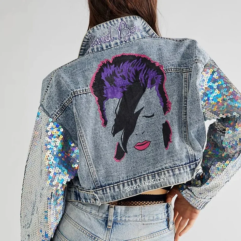 NWT Free People x Wren + Glory David Bowie Sequin Denim Jacket | OS - Picture 6 of 12